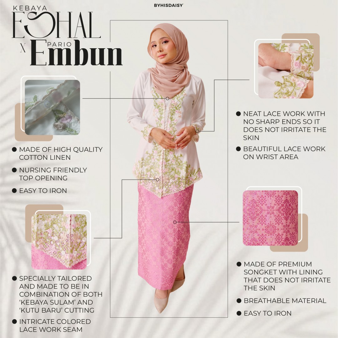 (SET) Kebaya Eshal White X Songket Pink  Pink (FREE SHIPPING)