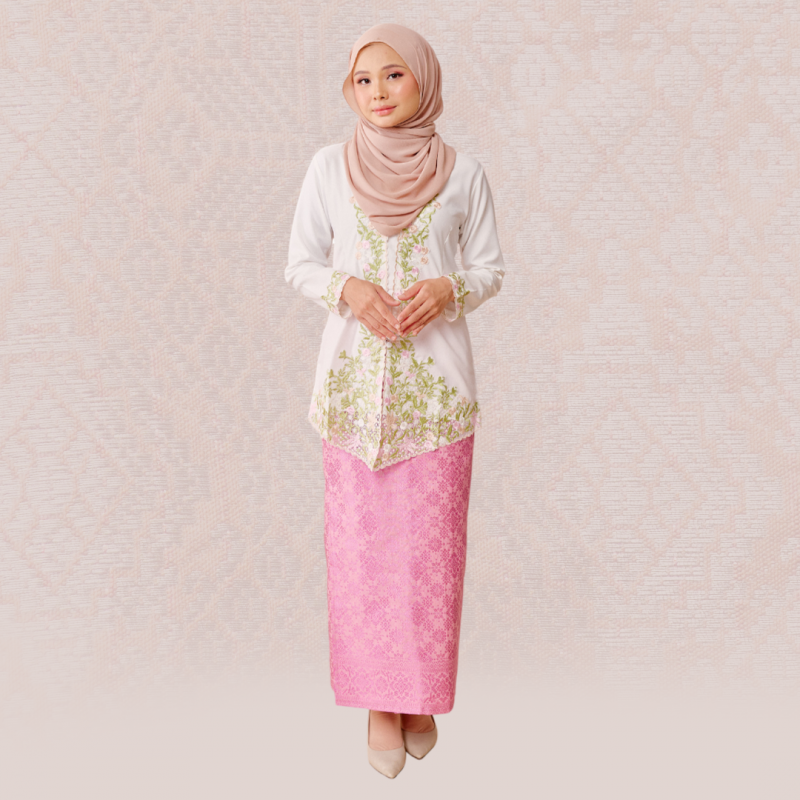 (SET) Kebaya Eshal White X Songket Pink  Pink (FREE SHIPPING)